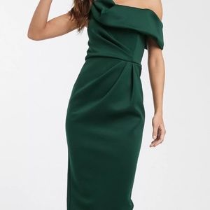 (BRAND NEW) Drape fallen shoulder midi pencil dress in (Forest green)